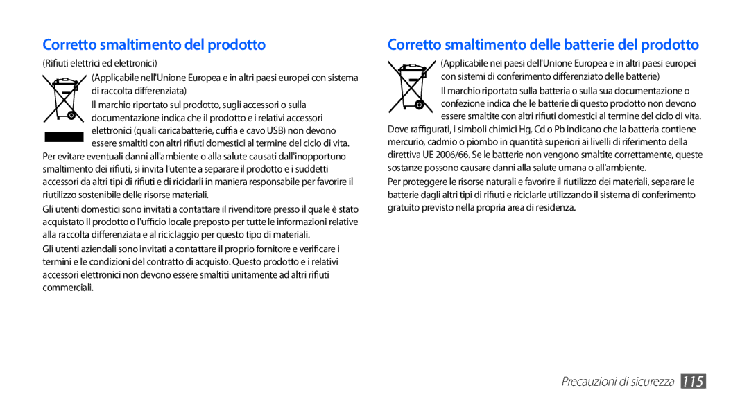 Samsung YP-GS1CW/XET, YP-GS1CB/XET, YP-GS1CB/XEG manual Corretto smaltimento del prodotto 