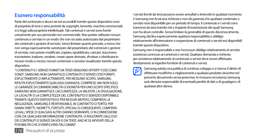 Samsung YP-GS1CB/XEG, YP-GS1CB/XET, YP-GS1CW/XET manual Esonero responsabilità 