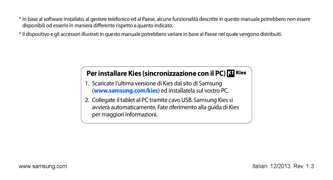 Samsung YP-GS1CB/XEG, YP-GS1CB/XET, YP-GS1CW/XET manual Per installare Kies sincronizzazione con il PC 