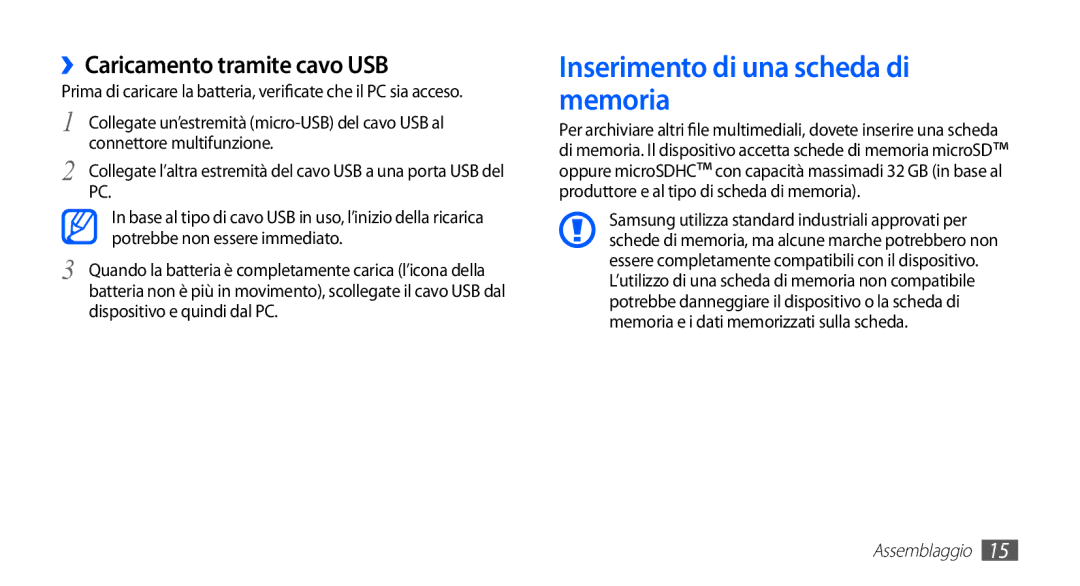 Samsung YP-GS1CB/XET, YP-GS1CW/XET, YP-GS1CB/XEG manual Inserimento di una scheda di memoria, ››Caricamento tramite cavo USB 