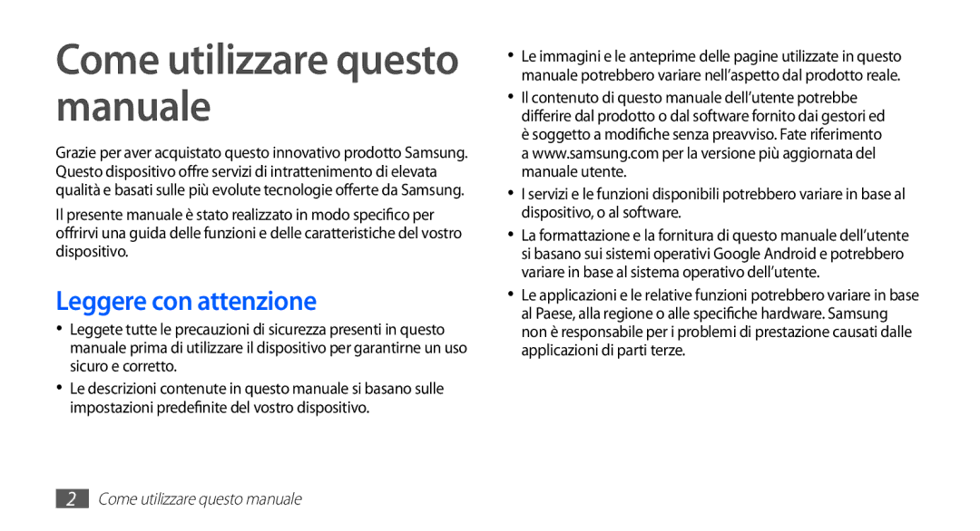 Samsung YP-GS1CB/XEG, YP-GS1CB/XET, YP-GS1CW/XET Come utilizzare questo manuale, Leggere con attenzione 