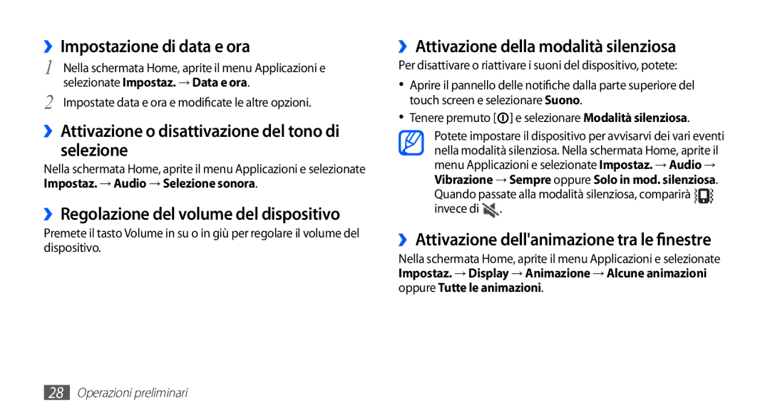 Samsung YP-GS1CW/XET, YP-GS1CB/XET manual ››Impostazione di data e ora, ››Attivazione o disattivazione del tono di selezione 