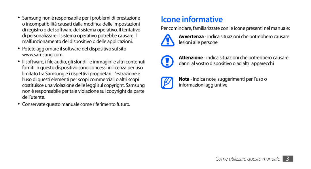 Samsung YP-GS1CB/XET, YP-GS1CW/XET, YP-GS1CB/XEG Icone informative, Conservate questo manuale come riferimento futuro 