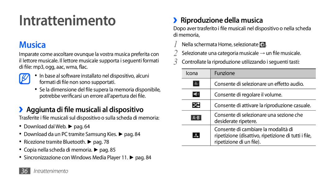 Samsung YP-GS1CB/XET, YP-GS1CW/XET, YP-GS1CB/XEG Intrattenimento, Musicali al dispositivo, ››Riproduzione della musica 