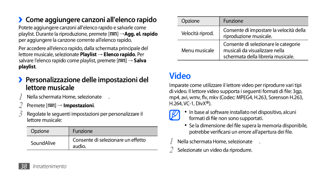 Samsung YP-GS1CB/XEG, YP-GS1CB/XET manual Video, ››Personalizzazione delle impostazioni del lettore musicale, → Impostazioni 