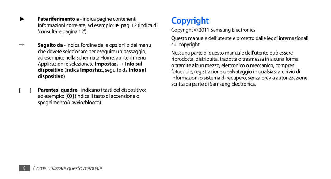 Samsung YP-GS1CW/XET, YP-GS1CB/XET, YP-GS1CB/XEG manual Copyright, Spegnimento/riavvio/blocco 