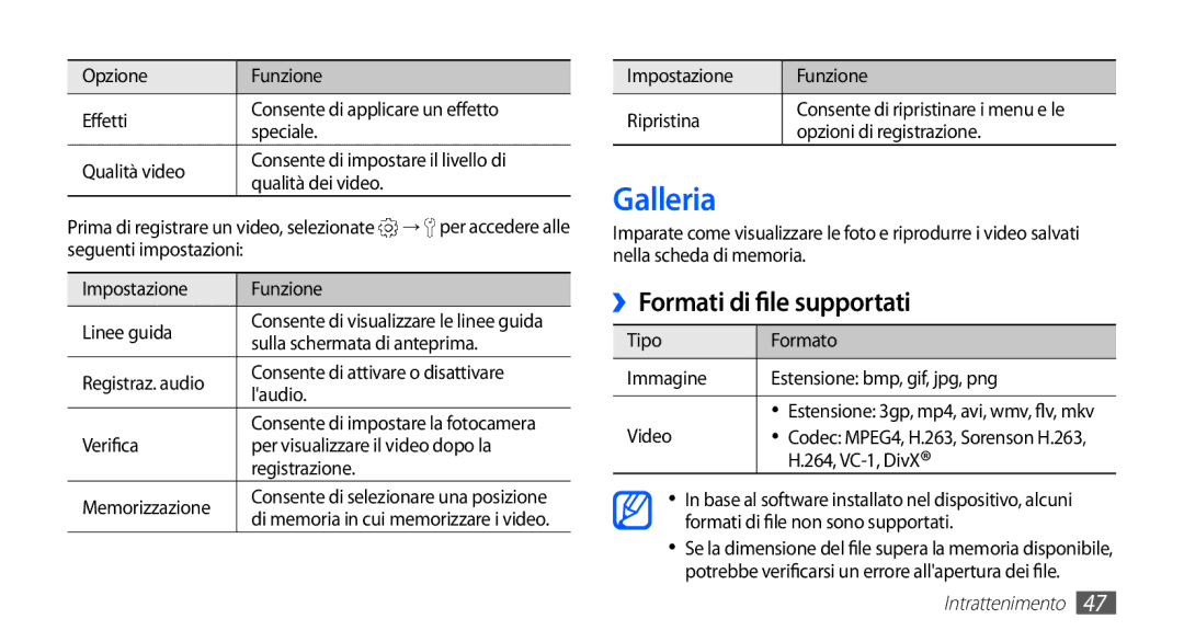 Samsung YP-GS1CB/XEG, YP-GS1CB/XET, YP-GS1CW/XET manual Galleria, ››Formati di file supportati 