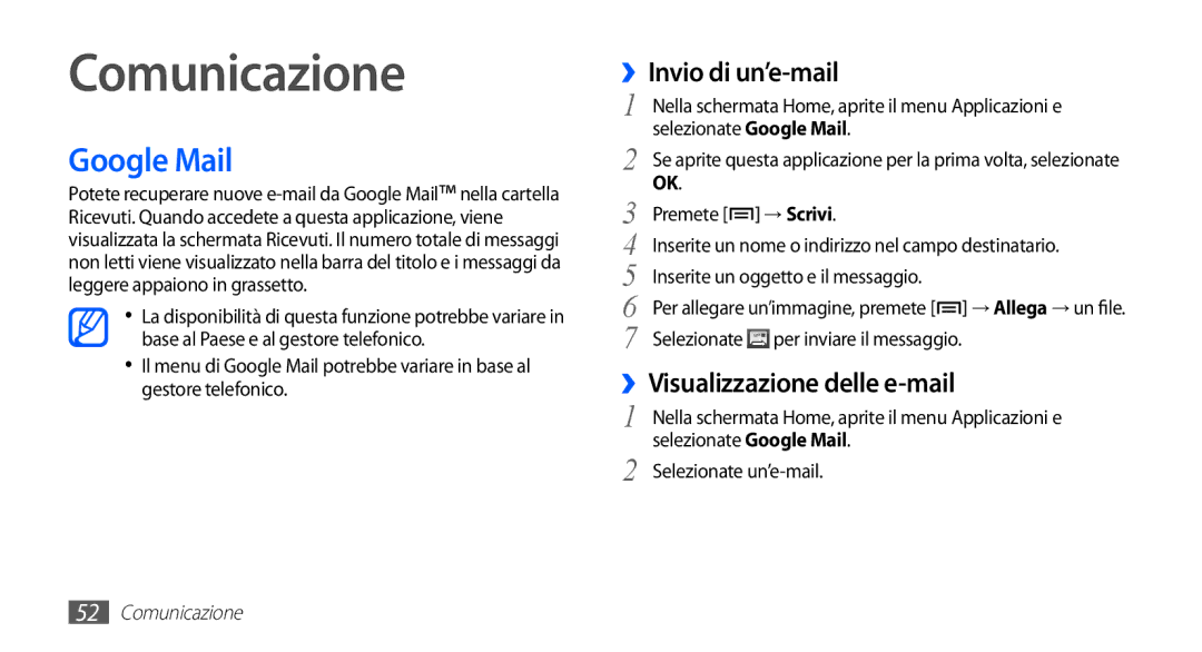 Samsung YP-GS1CW/XET, YP-GS1CB/XET manual Comunicazione, Google Mail, ››Invio di un’e-mail, ››Visualizzazione delle e-mail 