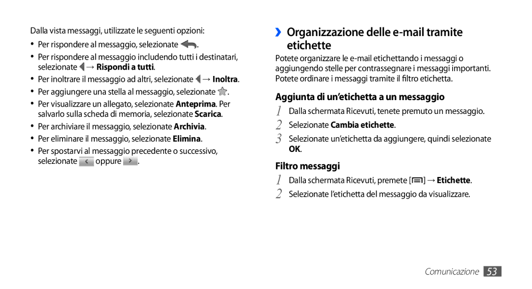 Samsung YP-GS1CB/XEG ››Organizzazione delle e-mail tramite etichette, Per aggiungere una stella al messaggio, selezionate 