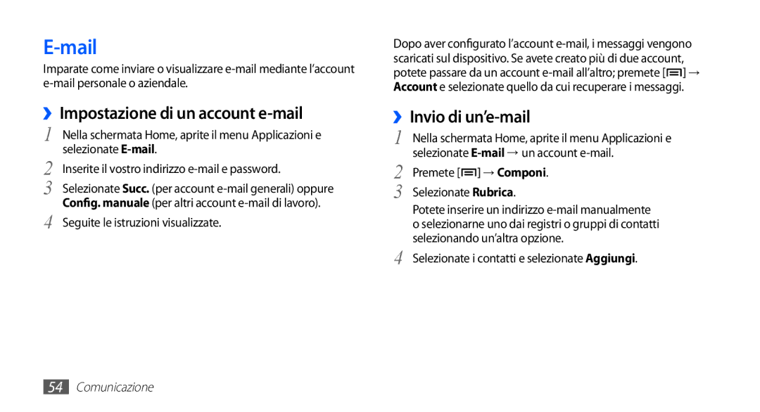 Samsung YP-GS1CB/XET, YP-GS1CW/XET manual Mail, ››Impostazione di un account e-mail, Seguite le istruzioni visualizzate 