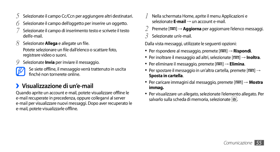 Samsung YP-GS1CW/XET, YP-GS1CB/XET manual ››Visualizzazione di un’e-mail, Dell’e-mail, Selezionate Allega e allegate un file 