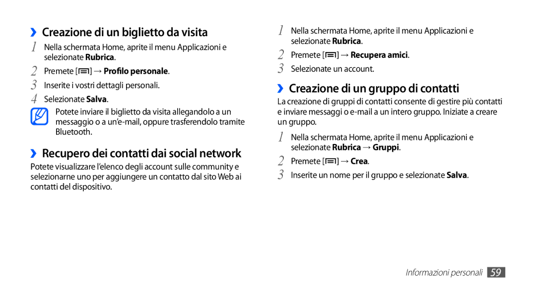 Samsung YP-GS1CB/XEG, YP-GS1CB/XET manual ››Creazione di un biglietto da visita, ››Recupero dei contatti dai social network 