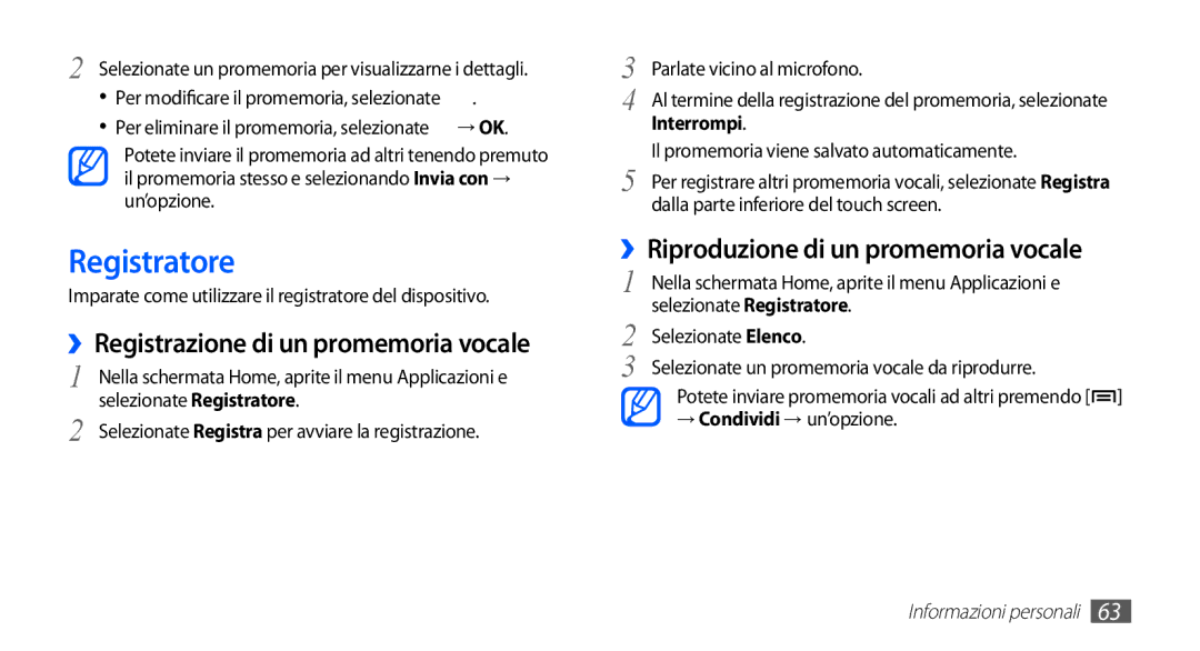 Samsung YP-GS1CB/XET manual Registratore, ››Registrazione di un promemoria vocale, ››Riproduzione di un promemoria vocale 