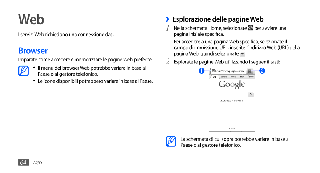 Samsung YP-GS1CW/XET manual Browser, ››Esplorazione delle pagine Web, Servizi Web richiedono una connessione dati 