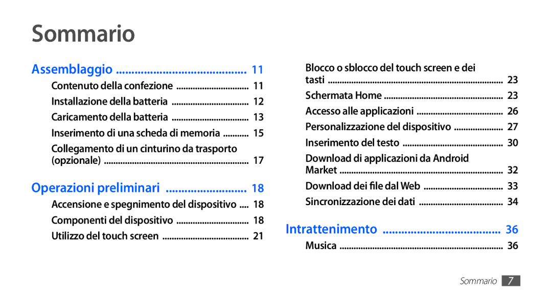 Samsung YP-GS1CW/XET, YP-GS1CB/XET, YP-GS1CB/XEG manual Sommario, Blocco o sblocco del touch screen e dei 