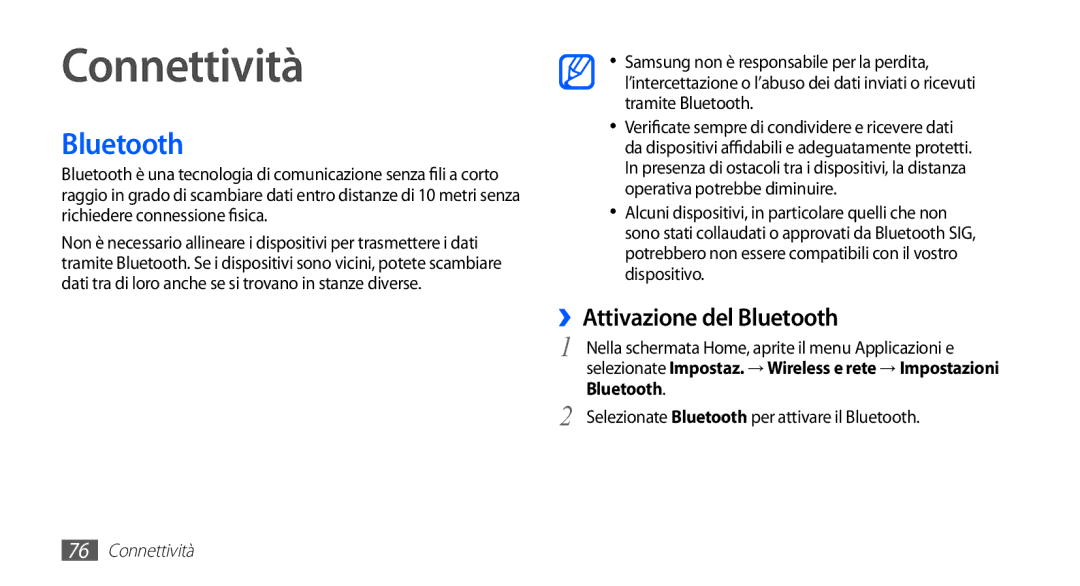 Samsung YP-GS1CW/XET, YP-GS1CB/XET, YP-GS1CB/XEG manual Connettività, ››Attivazione del Bluetooth 