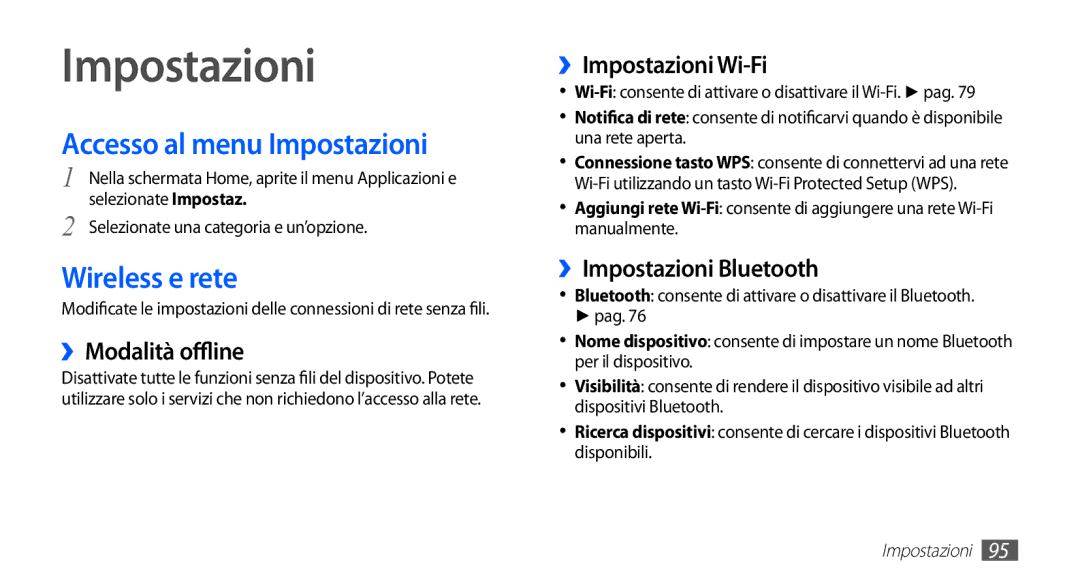 Samsung YP-GS1CB/XEG, YP-GS1CB/XET, YP-GS1CW/XET manual Accesso al menu Impostazioni, Wireless e rete 