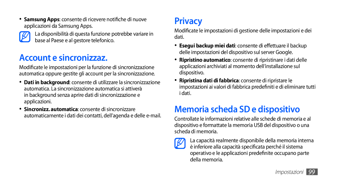 Samsung YP-GS1CB/XET, YP-GS1CW/XET, YP-GS1CB/XEG manual Account e sincronizzaz, Privacy, Memoria scheda SD e dispositivo 