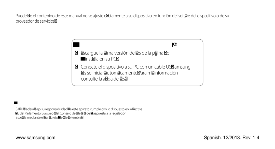 Samsung YP-GS1CB/FOP, YP-GS1CW/FOP, YP-GS1CB/TPH Para instalar Kies Sincronización PC, Resumen Declaración de Conformidad 