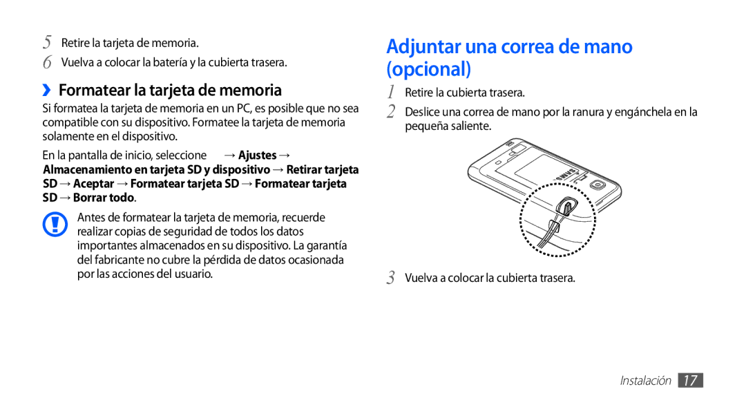 Samsung YP-GS1CB/FOP, YP-GS1CW/FOP, YP-GS1CB/TPH Adjuntar una correa de mano opcional, ››Formatear la tarjeta de memoria 