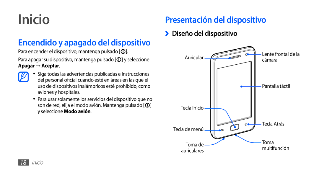 Samsung YP-GS1CW/FOP, YP-GS1CB/TPH, YP-GS1CB/FOP manual Inicio, Presentación del dispositivo, ››Diseño del dispositivo 