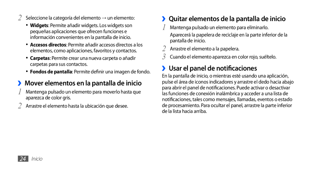 Samsung YP-GS1CW/FOP, YP-GS1CB/TPH ››Mover elementos en la pantalla de inicio, ››Quitar elementos de la pantalla de inicio 