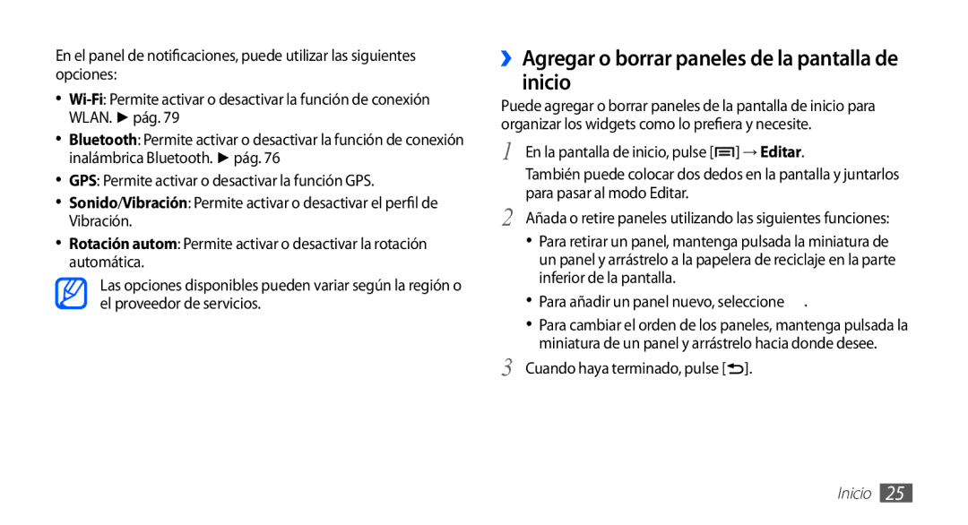 Samsung YP-GS1CB/TPH, YP-GS1CW/FOP manual ››Agregar o borrar paneles de la pantalla de inicio, Cuando haya terminado, pulse 