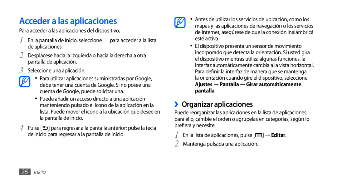 Samsung YP-GS1CB/FOP, YP-GS1CW/FOP, YP-GS1CB/TPH manual Acceder a las aplicaciones, ››Organizar aplicaciones 