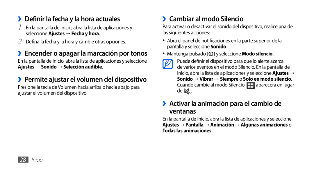 Samsung YP-GS1CB/TPH, YP-GS1CW/FOP, YP-GS1CB/FOP manual ››Definir la fecha y la hora actuales, ››Cambiar al modo Silencio 