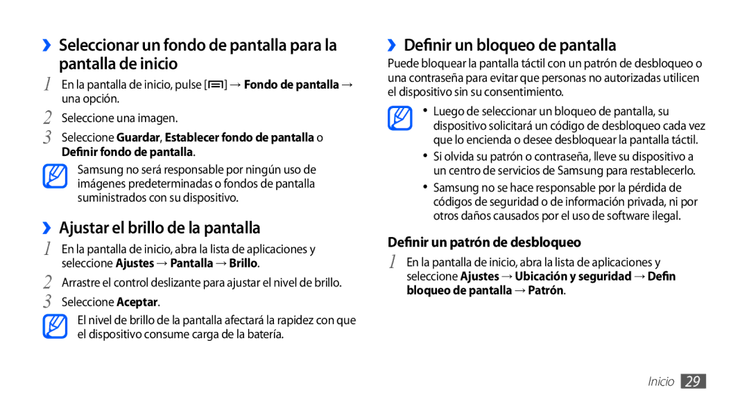 Samsung YP-GS1CB/FOP manual ››Ajustar el brillo de la pantalla, ››Definir un bloqueo de pantalla, Definir fondo de pantalla 