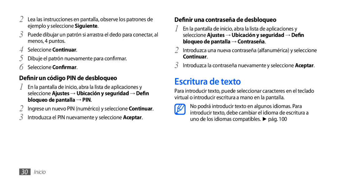 Samsung YP-GS1CW/FOP, YP-GS1CB/TPH, YP-GS1CB/FOP manual Escritura de texto, Bloqueo de pantalla → PIN 