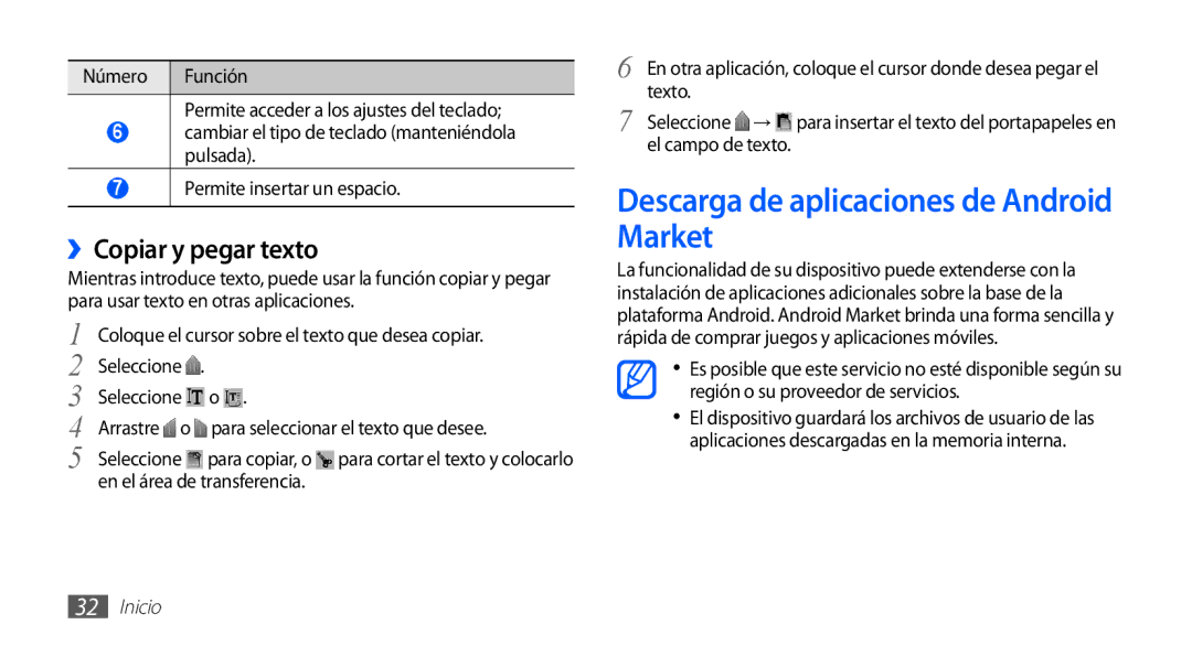 Samsung YP-GS1CB/FOP, YP-GS1CW/FOP, YP-GS1CB/TPH manual Descarga de aplicaciones de Android Market, ››Copiar y pegar texto 