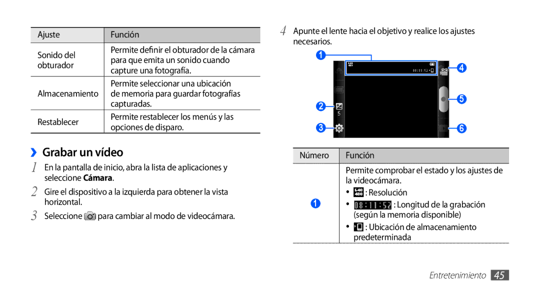 Samsung YP-GS1CW/FOP manual ››Grabar un vídeo, Ajuste Función Necesarios, Capturadas Restablecer, Opciones de disparo 