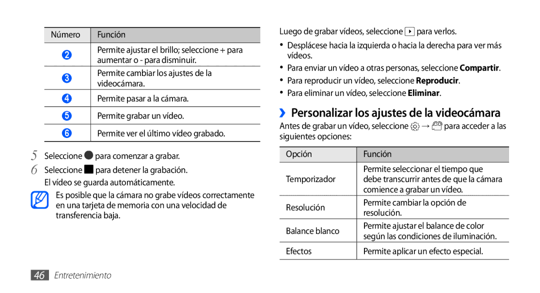 Samsung YP-GS1CB/TPH manual Comience a grabar un vídeo, Resolución Permite cambiar la opción de Balance blanco, Efectos 