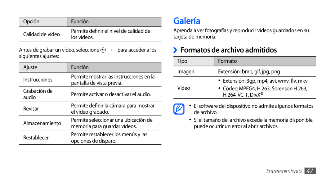 Samsung YP-GS1CB/FOP, YP-GS1CW/FOP, YP-GS1CB/TPH manual Galería, ››Formatos de archivo admitidos 