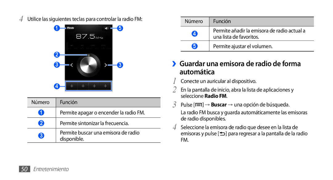 Samsung YP-GS1CB/FOP manual ››Guardar una emisora de radio de forma automática, Pulse → Buscar → una opción de búsqueda 