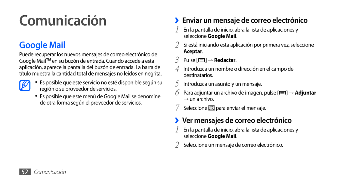 Samsung YP-GS1CB/TPH, YP-GS1CW/FOP, YP-GS1CB/FOP manual Comunicación, Google Mail, ››Enviar un mensaje de correo electrónico 