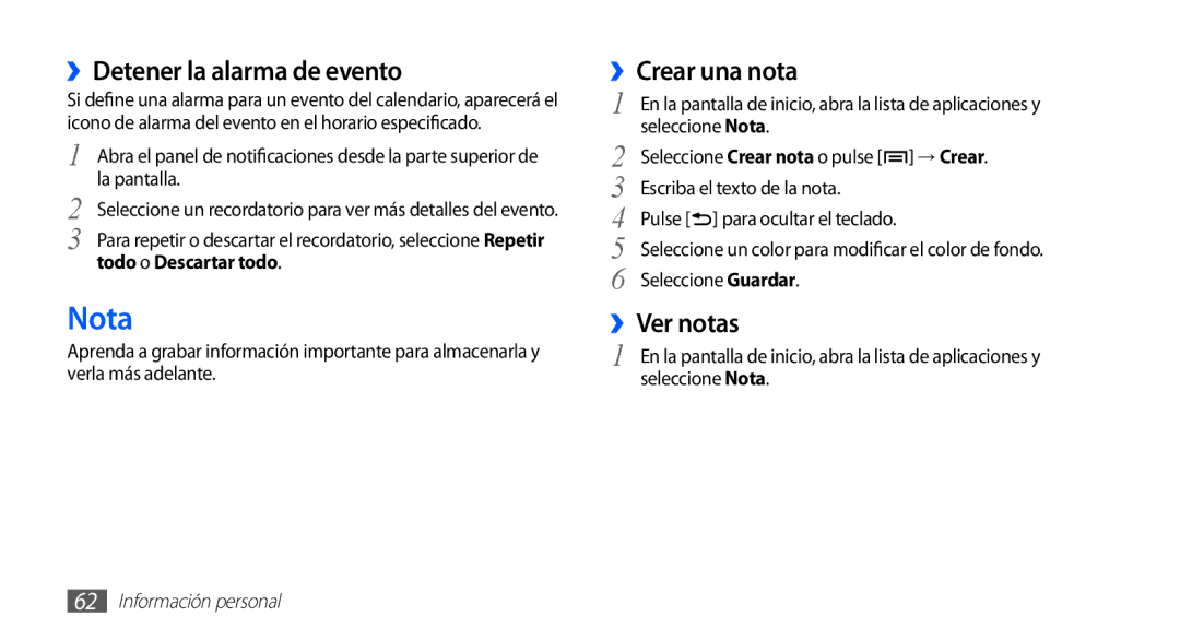 Samsung YP-GS1CB/FOP, YP-GS1CW/FOP, YP-GS1CB/TPH manual Nota, ››Detener la alarma de evento, ››Crear una nota, ››Ver notas 