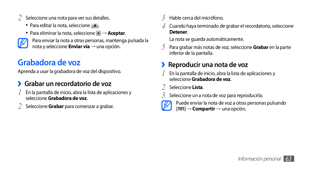 Samsung YP-GS1CW/FOP manual Grabadora de voz, ››Grabar un recordatorio de voz, ››Reproducir una nota de voz, Detener 