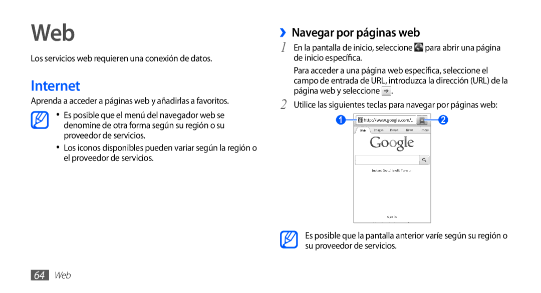 Samsung YP-GS1CB/TPH manual Web, Internet, ››Navegar por páginas web, Los servicios web requieren una conexión de datos 