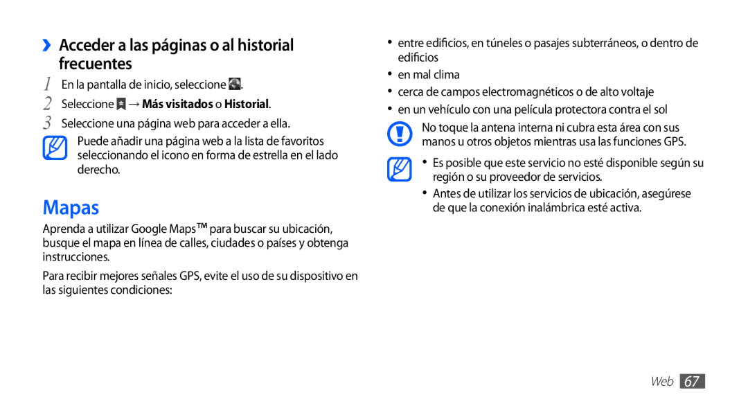 Samsung YP-GS1CB/TPH, YP-GS1CW/FOP, YP-GS1CB/FOP manual Mapas, ››Acceder a las páginas o al historial frecuentes 