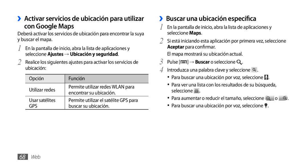 Samsung YP-GS1CB/FOP manual ››Buscar una ubicación específica, Encontrar su ubicación, Usar satélites, Buscar su ubicación 