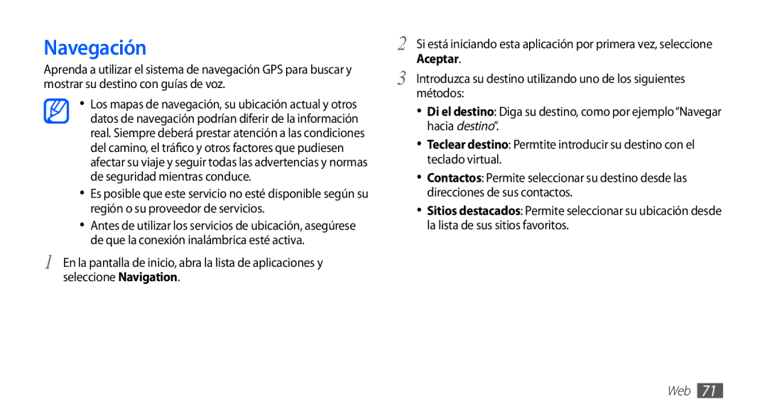 Samsung YP-GS1CB/FOP, YP-GS1CW/FOP, YP-GS1CB/TPH manual Navegación, Aceptar 