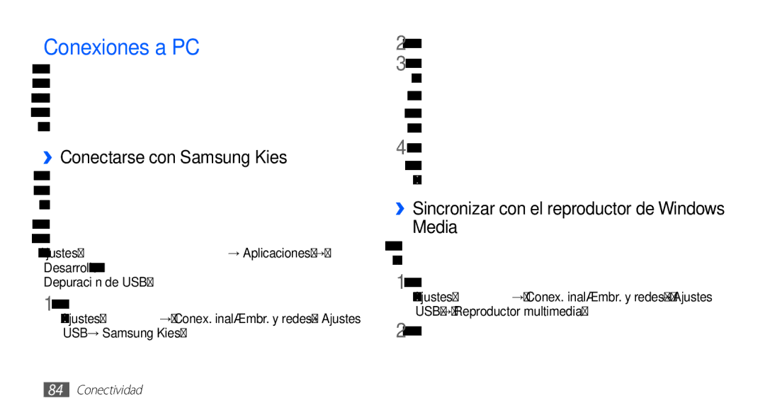 Samsung YP-GS1CW/FOP, YP-GS1CB/TPH, YP-GS1CB/FOP manual Conexiones a PC, ››Conectarse con Samsung Kies, Media 