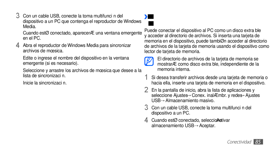 Samsung YP-GS1CB/TPH, YP-GS1CW/FOP, YP-GS1CB/FOP manual Conectividad 