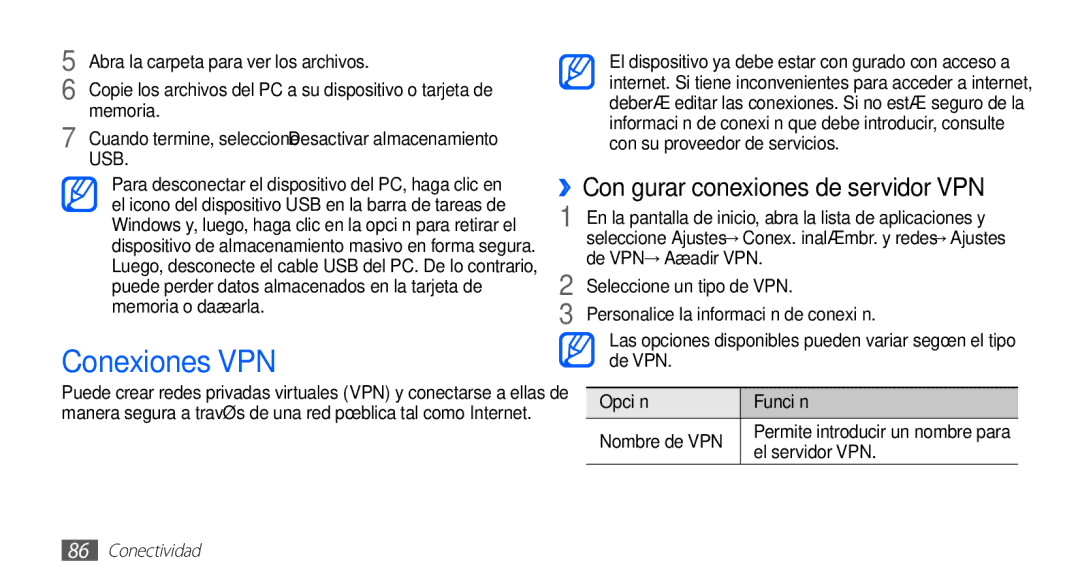 Samsung YP-GS1CB/FOP, YP-GS1CW/FOP manual Conexiones VPN, ››Configurar conexiones de servidor VPN, De VPN → Añadir VPN 