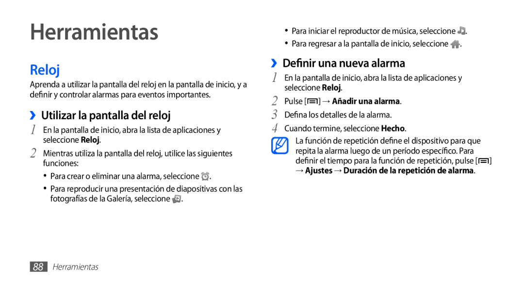 Samsung YP-GS1CB/TPH, YP-GS1CW/FOP manual Herramientas, Reloj, ››Utilizar la pantalla del reloj, ››Definir Una nueva alarma 