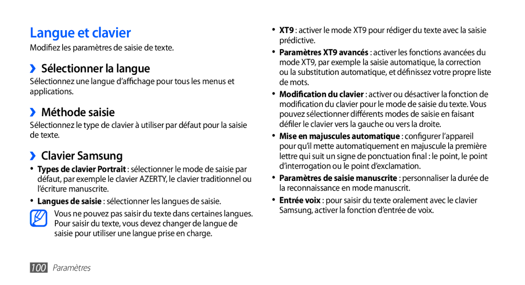 Samsung YP-GS1CW/XEF, YP-GS1CB/XEF manual Langue et clavier, ››Sélectionner la langue, ››Méthode saisie, ››Clavier Samsung 