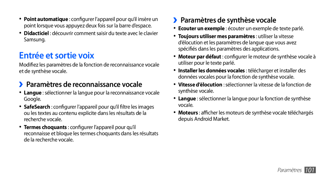 Samsung YP-GS1CB/XEF manual Entrée et sortie voix, ››Paramètres de reconnaissance vocale, ››Paramètres de synthèse vocale 