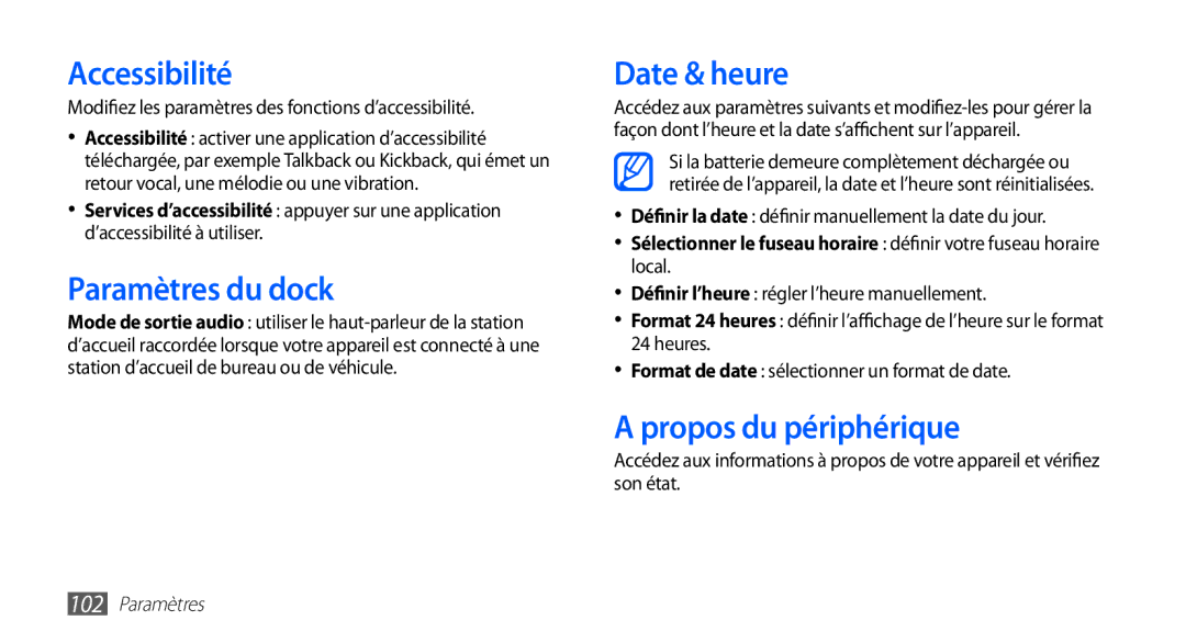 Samsung YP-GS1CW/XEF, YP-GS1CB/XEF manual Accessibilité, Paramètres du dock, Date & heure, Propos du périphérique 